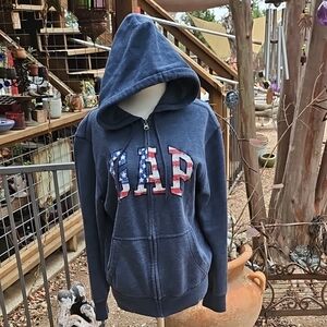 Vintage Style GAP Embroidered Spell Out American Flag USA Zip Up Hoodie Womens S